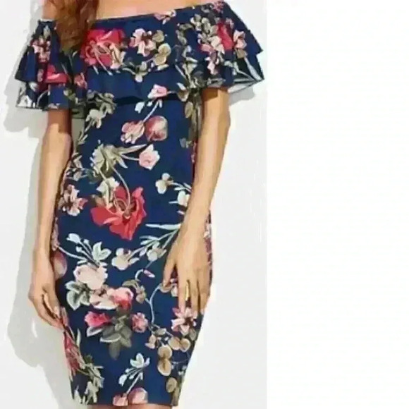 Floral Ruffle Off Shoulder Party Sexy Bodycon Dress Navy L - Picture 1 of 3